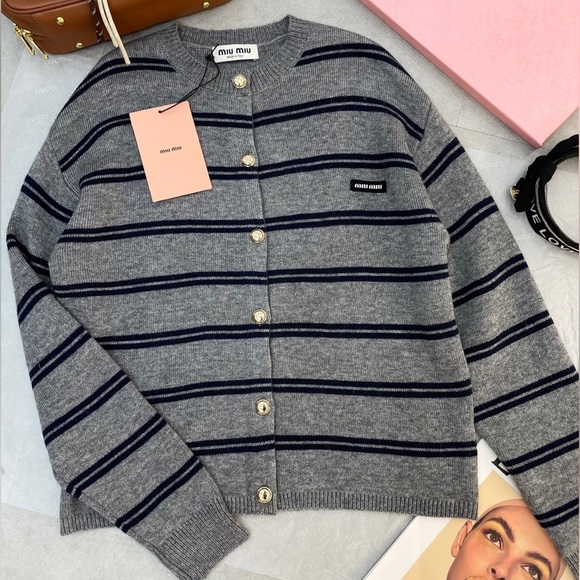 Miu Miu Women's Gray Striped Knit Cardigan